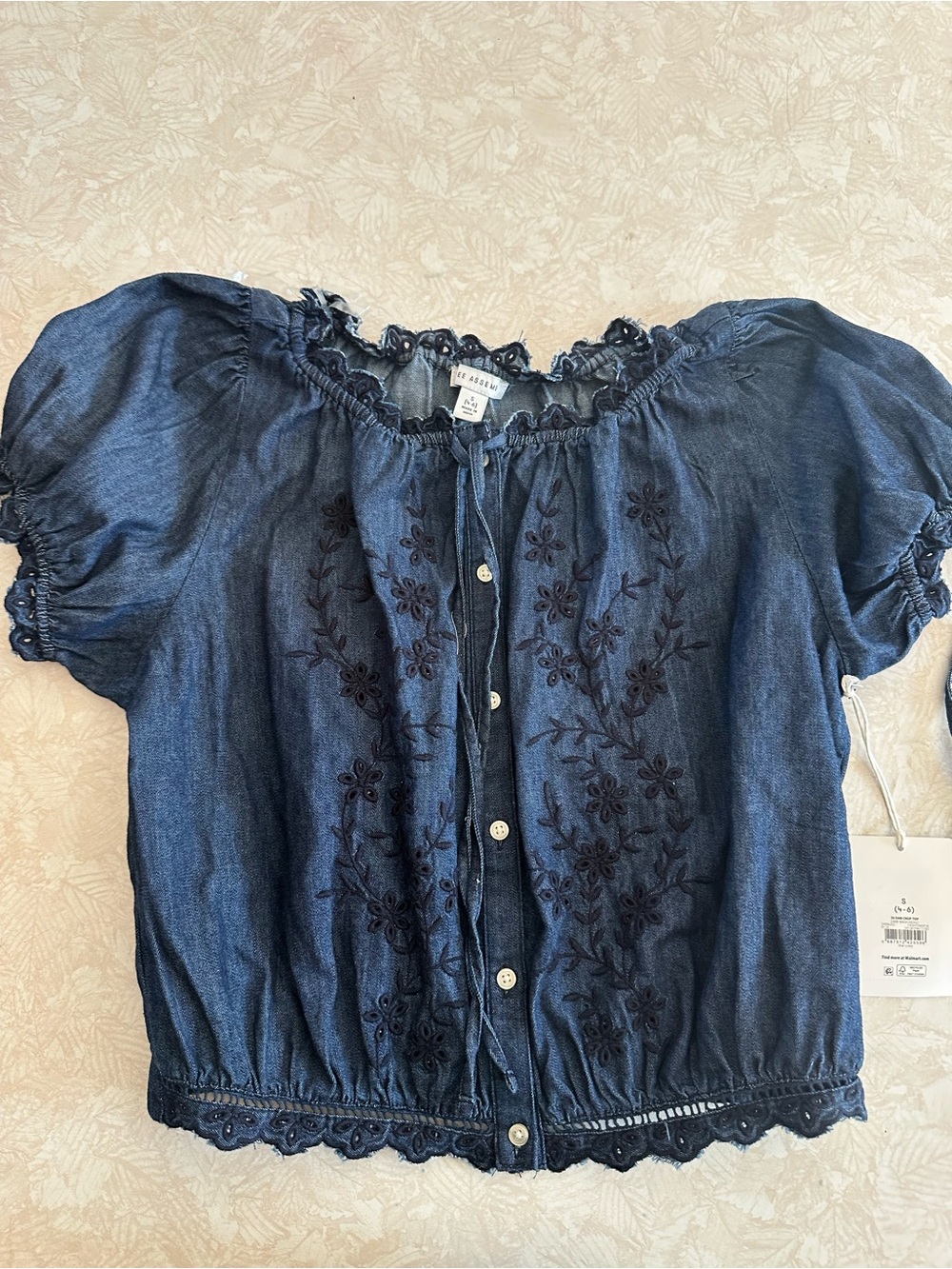 Embroidered Denim-Style Button-Front Blouse in Dark Blue